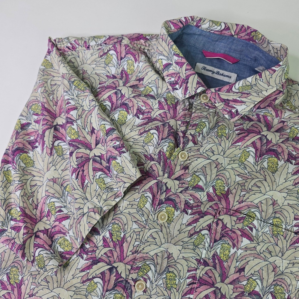 Tommy Bahama Mens Large Tropical Palm Pineapple Print Tencel Cotton Shirt Purple